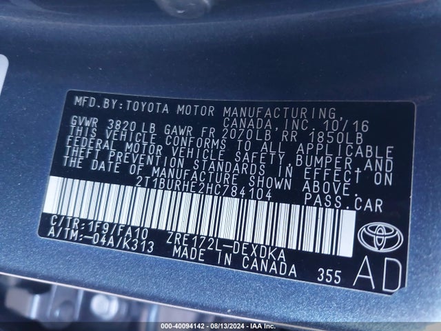 Toyota COROLLA L 2017 2T1BURHE2HC784104 Image 9