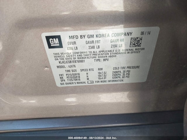 40094149 :رقم المزاد ، KL4CJCSB1EB769901 vin ، 2014 Buick Encore Leather مزاد بيع