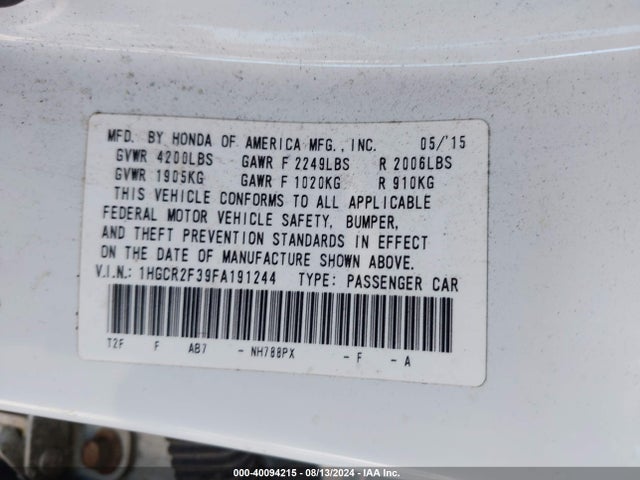Honda ACCORD LX 2015 1HGCR2F39FA191244 Image 9