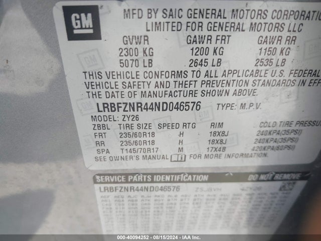 LRBFZNR44ND046576 Buick Envision Fwd Essence