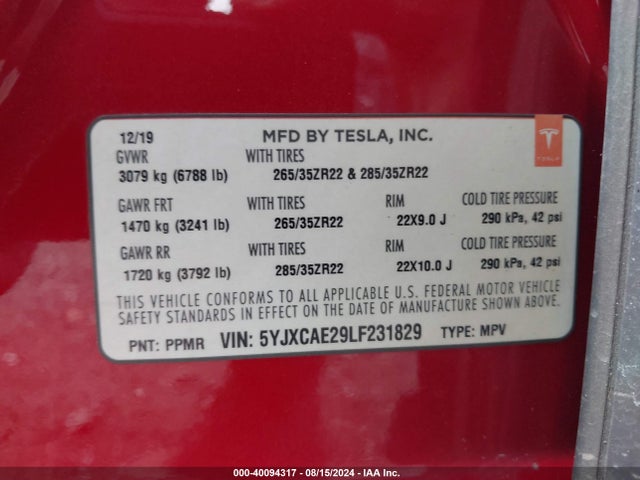 2020 TESLA MODEL X 5YJXCAE29LF231829 Photo 8