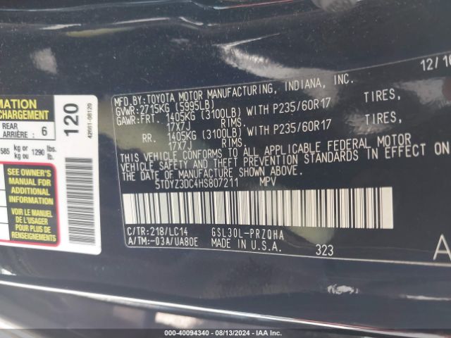 5TDYZ3DC4HS807211 Toyota Sienna Xle 8 Passenger