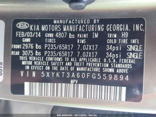 5XYKT3A60FG559894 KIA SORENTO LX
