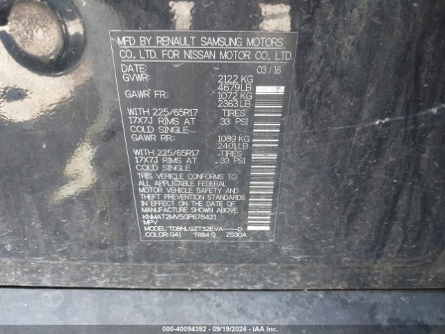 KNMAT2MV5GP678421 Nissan ROGUE SV