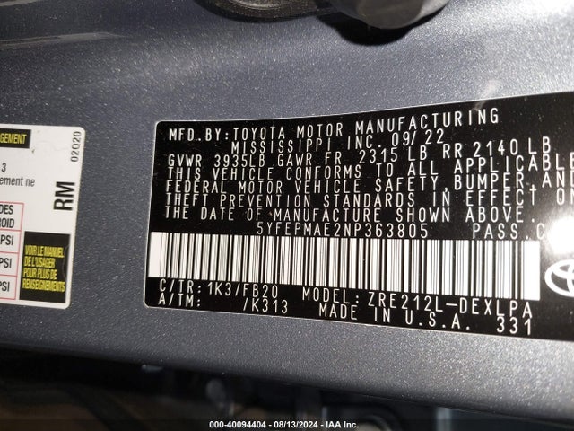 Toyota COROLLA LE 2022 5YFEPMAE2NP363805 Image 9