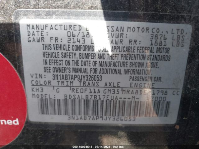 3N1AB7AP9JY326053 Nissan SENTRA S