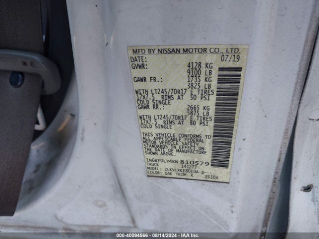 1N6BF0LY4KN810579 Nissan Nv Cargo Nv2500 Hd Sv V6