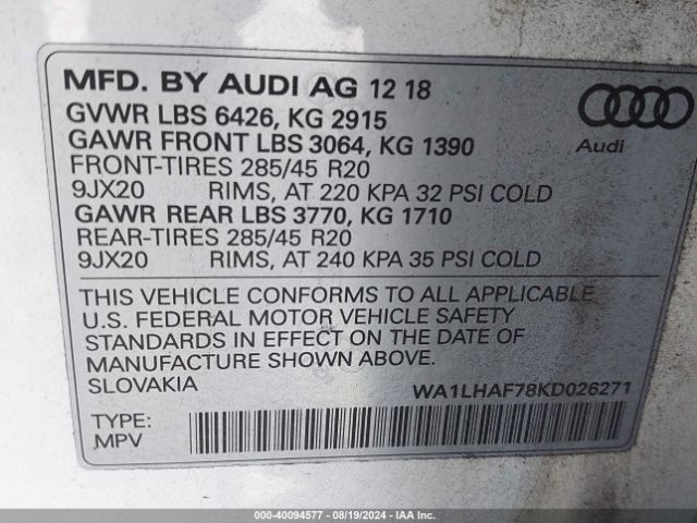 WA1LHAF78KD026271 Audi Q7 45 Premium