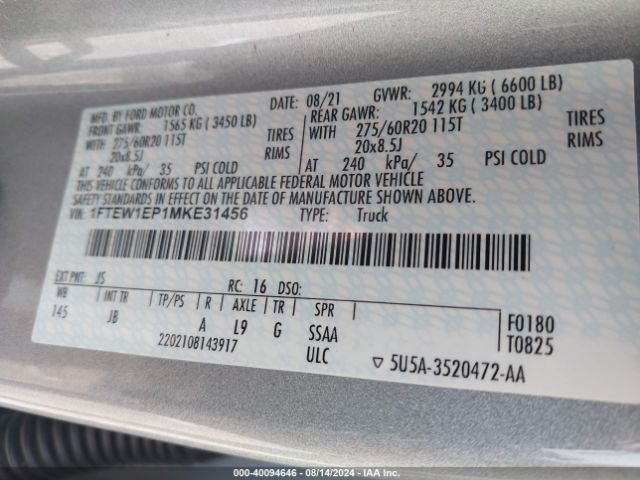 1FTEW1EP1MKE31456 Ford F-150 Xl