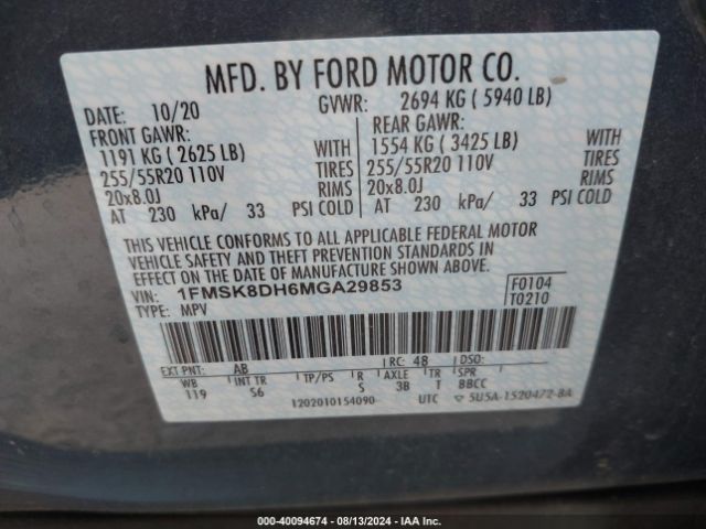 1FMSK8DH6MGA29853 Ford EXPLORER XLT