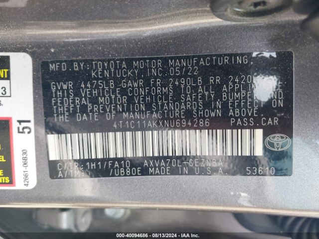4T1C11AKXNU694286 Toyota CAMRY LE