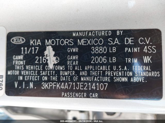 3KPFK4A71JE214107 KIA FORTE LX