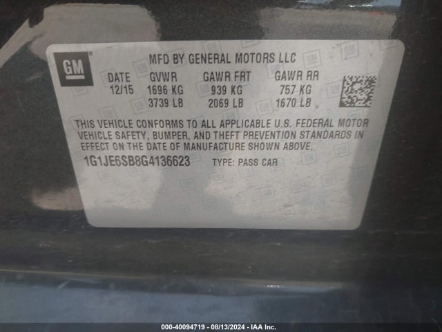 Chevrolet Sonic Ltz Auto 2016 1G1JE6SB8G4136623 Image 9