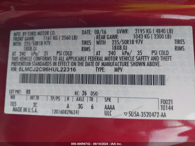 5LMCJ2C96HUL22316 Lincoln MKC SELECT