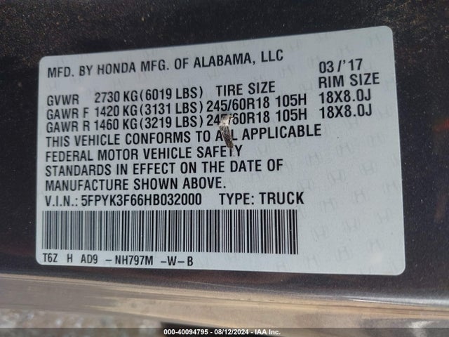 Honda Ridgeline Rtl-t 2017 5FPYK3F66HB032000 Image 9