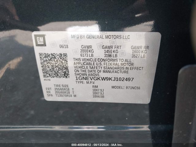 1GNEVGKW9KJ102497 Chevrolet Traverse 1lt