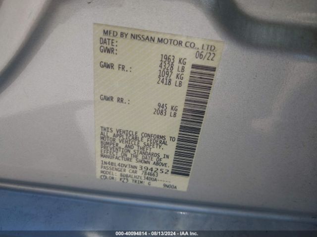 1N4BL4DV3NN394252 Nissan Altima Sv Fwd