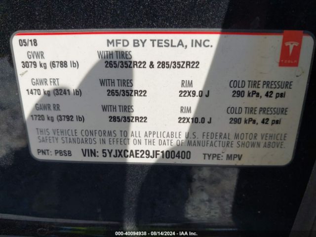 5YJXCAE29JF100400 Tesla Model X 100d/75d/p100d
