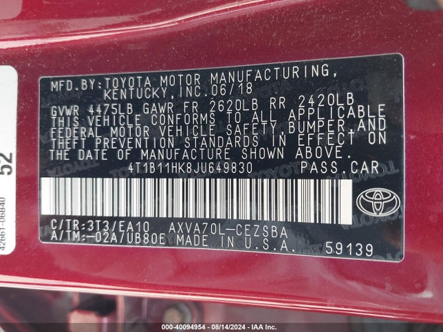 Toyota CAMRY SE 2018 4T1B11HK8JU649830 Image 9