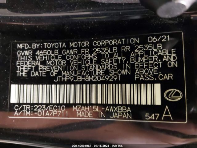 JTHP9JBH8M2049291 Lexus UX 250H