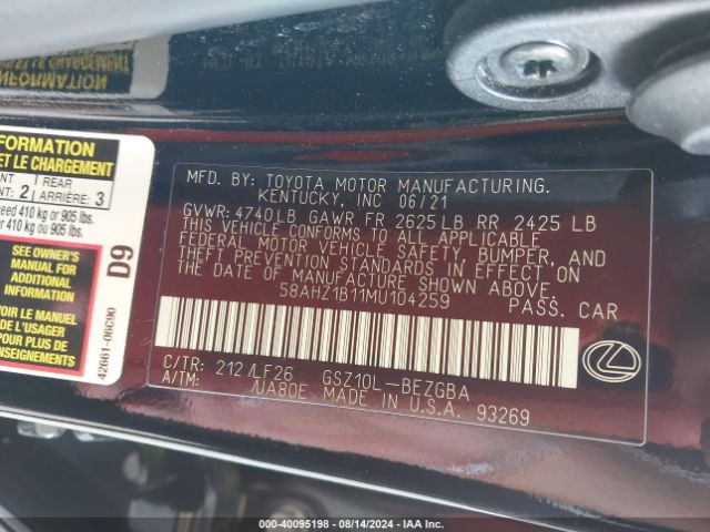58AHZ1B11MU104259 Lexus Es 350 F Sport