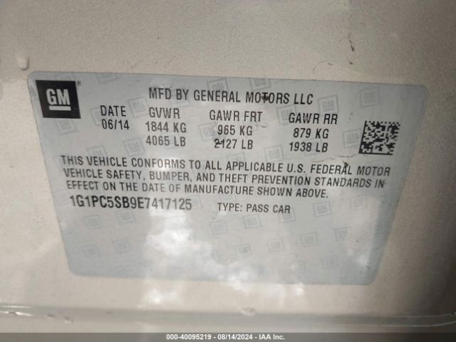 1G1PC5SB9E7417125 Chevrolet Cruze 1lt Auto