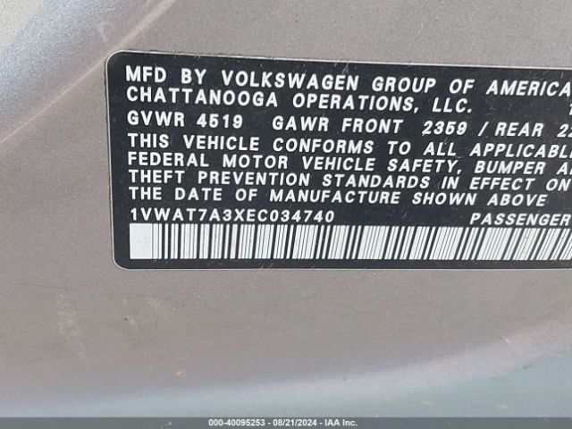 1VWAT7A3XEC034740 Volkswagen Passat 1.8t S