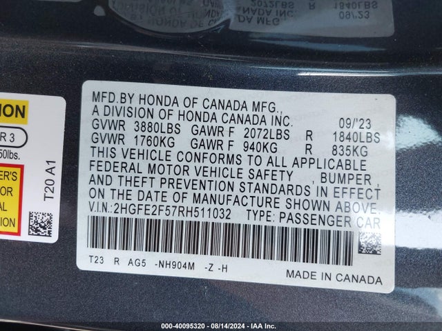Honda Civic Sport 2024 2HGFE2F57RH511032 Image 9