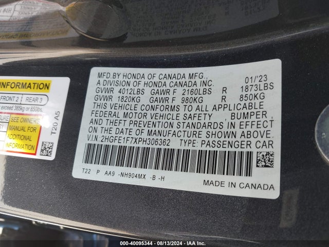Honda Civic Ex /ex W/o Bsi 2023 2HGFE1F7XPH306362 Image 9