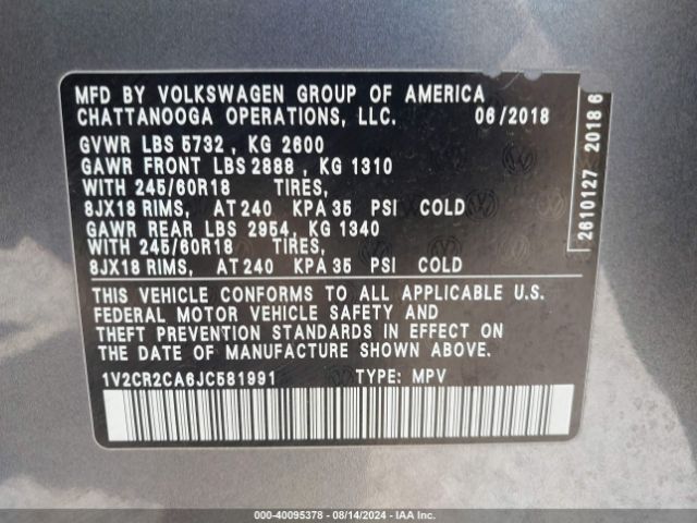 1V2CR2CA6JC581991 Volkswagen Atlas 3.6l V6 Se