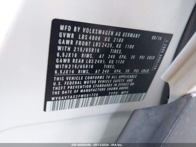 WVGAV7AX2FW501726 Volkswagen TIGUAN S