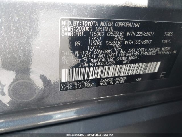 JTMW1RFV4KD512435 Toyota Rav4 Xle