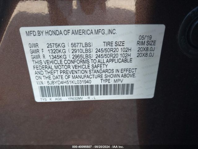 5J8YD4H51KL031940 Acura Mdx Tech Pkg