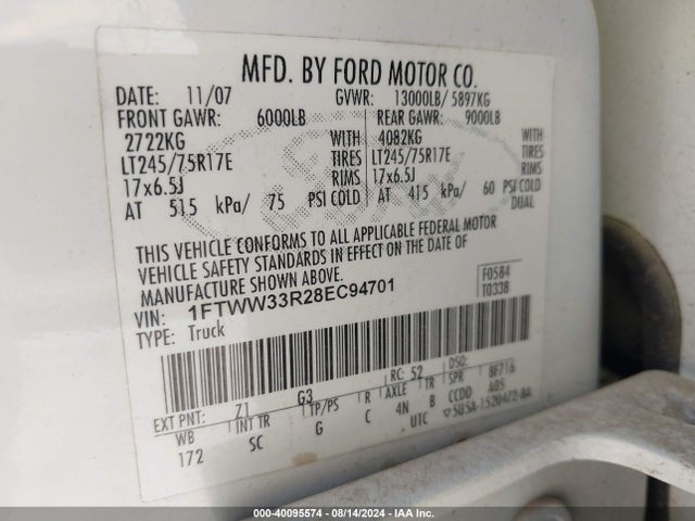 Aukcja sprzedaży 2008 Ford F-350 King Ranch, vin: 1FTWW33R28EC94701, numer aukcji: 40095574
