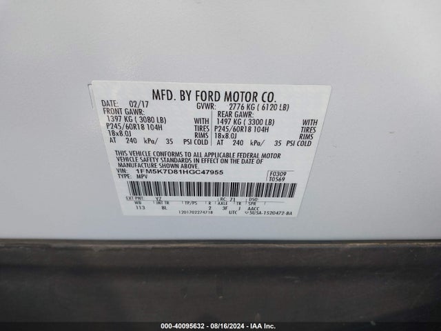 Ford EXPLORER XLT 2017 1FM5K7D81HGC47955 Image 9