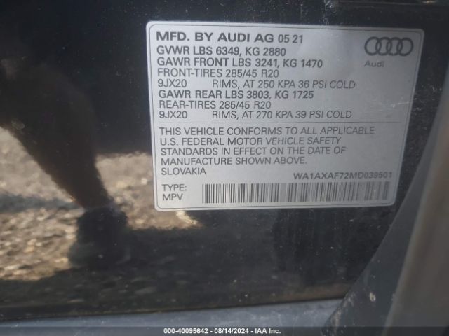 WA1AXAF72MD039501 Audi Q7 Premium 55 Tfsi Quattro Tiptronic