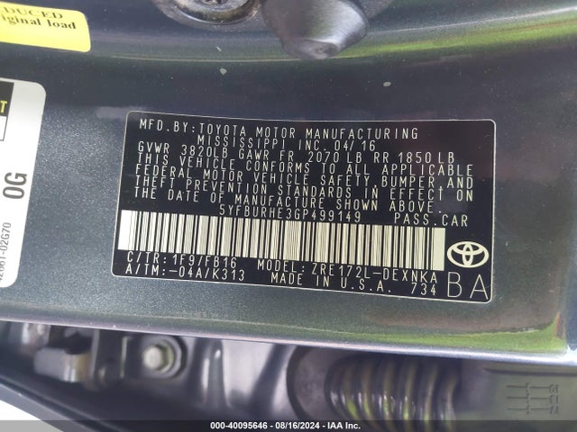 Toyota COROLLA LE 2016 5YFBURHE3GP499149 Image 9