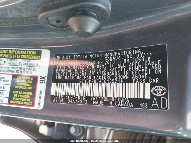 Toyota Corolla Le Eco 2014 2T1BPRHE4EC135214 Image 9