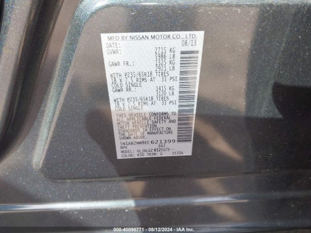 5N1AR2MM9EC621399 Nissan Pathfinder Sl