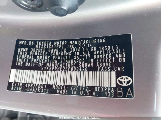 5YFBPRHE2EP099426 Toyota Corolla Le Eco Plus
