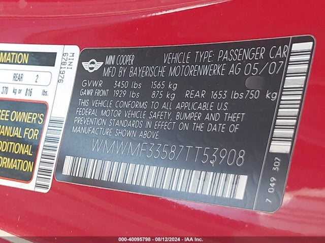 2007 MINI COOPER WMWMF33587TT53908 Photo 8