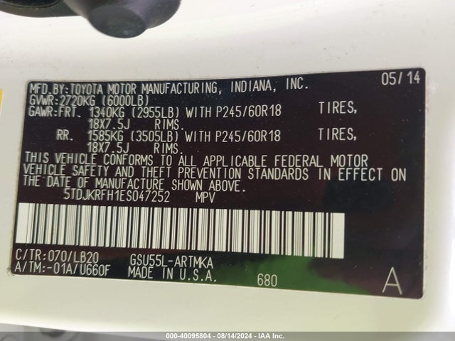 Toyota Highlander Xle V6 2014 5TDJKRFH1ES047252 Image 9