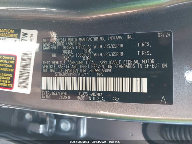 Toyota Highlander Xle 2024 5TDKDRBH1RS546241 Image 9