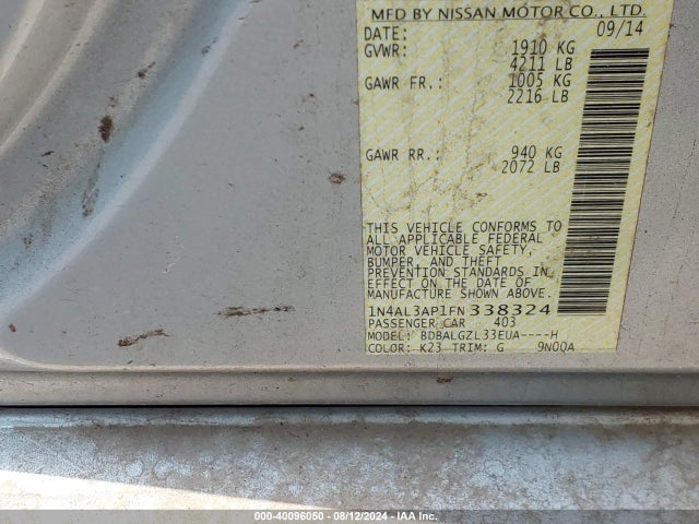 Nissan Altima 2.5 S 2015 1N4AL3AP1FN338324 Image 9
