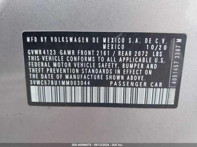 3VWC57BU1MM003044 Volkswagen Jetta 1.4t R-line/1.4t S/1.4t Se