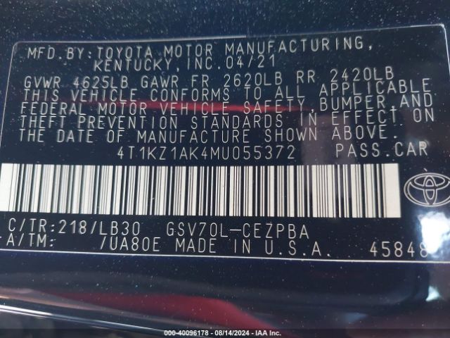 4T1KZ1AK4MU055372 Toyota Camry Xse V6