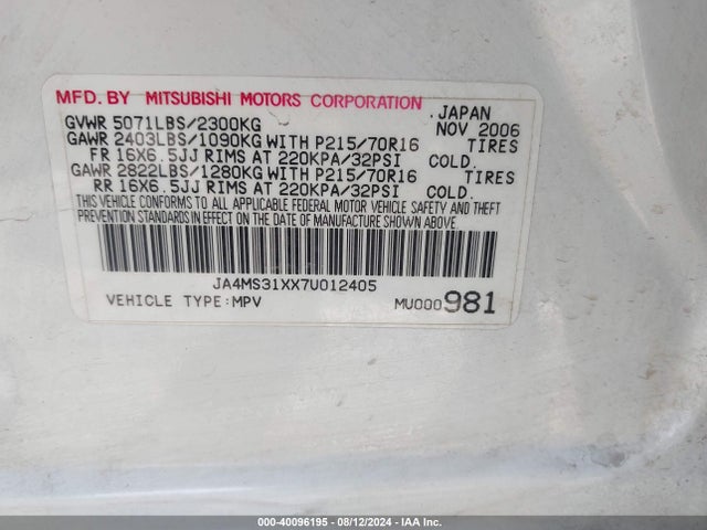 2007 MITSUBISHI OUTLANDER JA4MS31XX7U012405 Photo 8