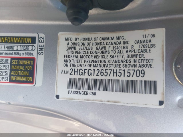 Продажа на аукционе авто 2007 Honda Civic Lx, vin: 2HGFG12657H515709, номер лота: 40096227