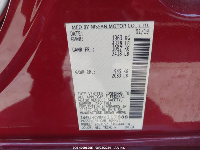 Nissan Altima 2.5 Sr 2019 1N4BL4CV8KN317888 Image 9
