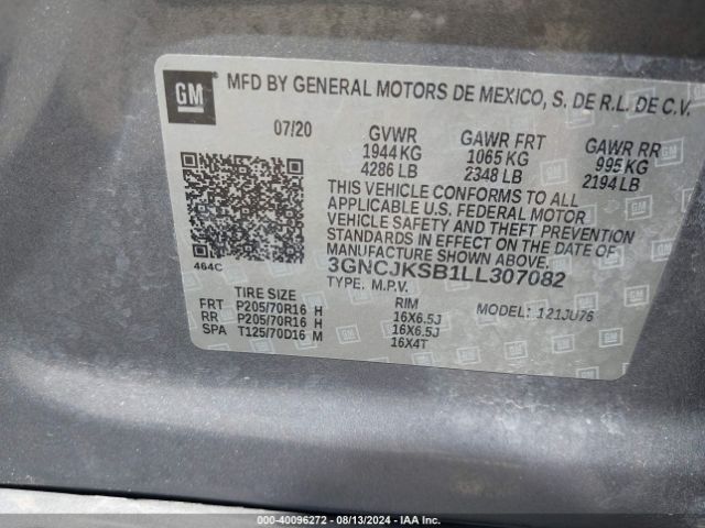 3GNCJKSB1LL307082 Chevrolet Trax Fwd Ls